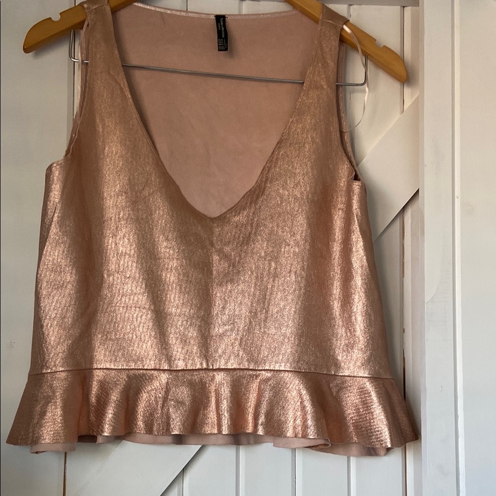 Zara Women’s Small Metallic Rose Gold Sleeveless Top V Neck